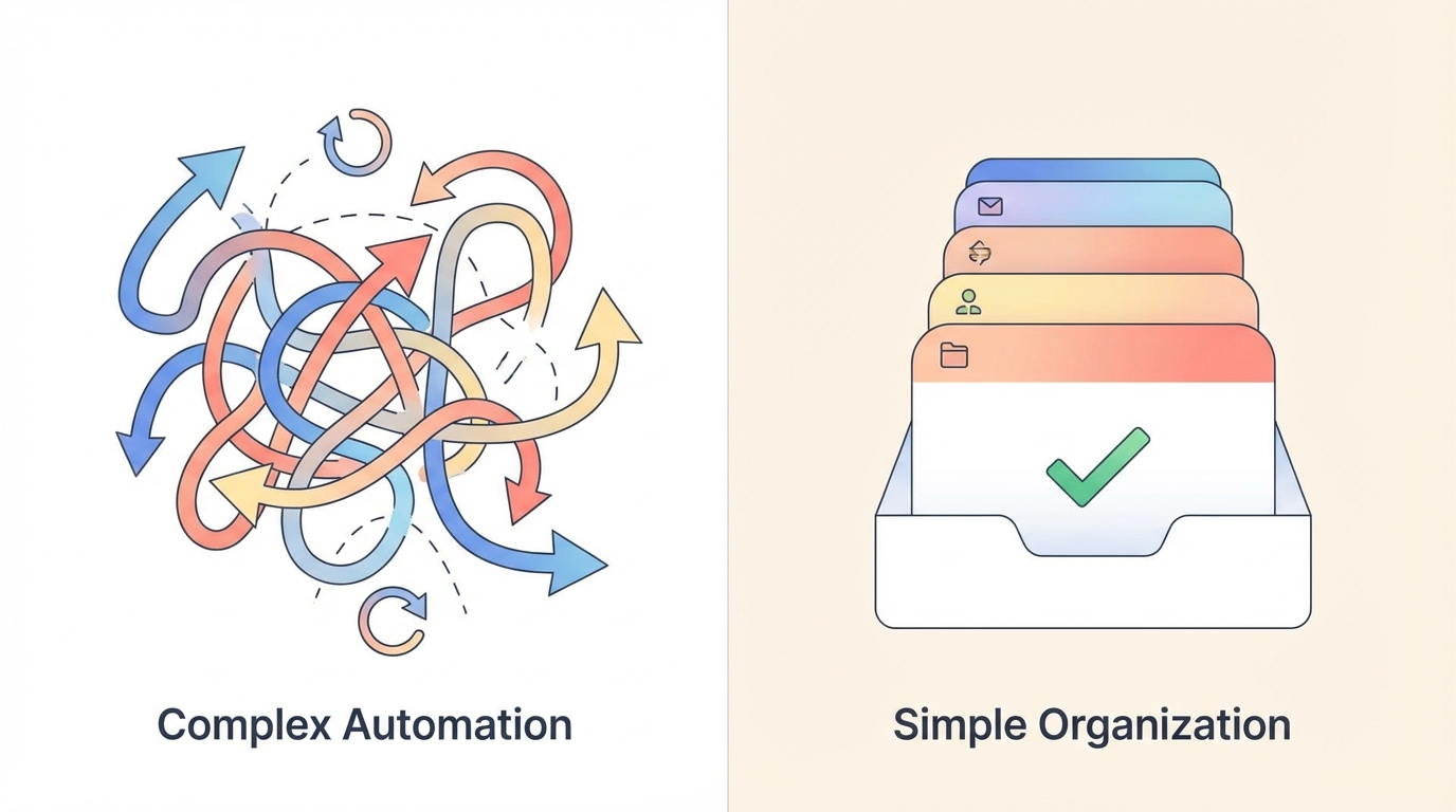 Contrast between tangled automation workflows with broken connections and a clean organized inbox with label cards and approval checkmarks