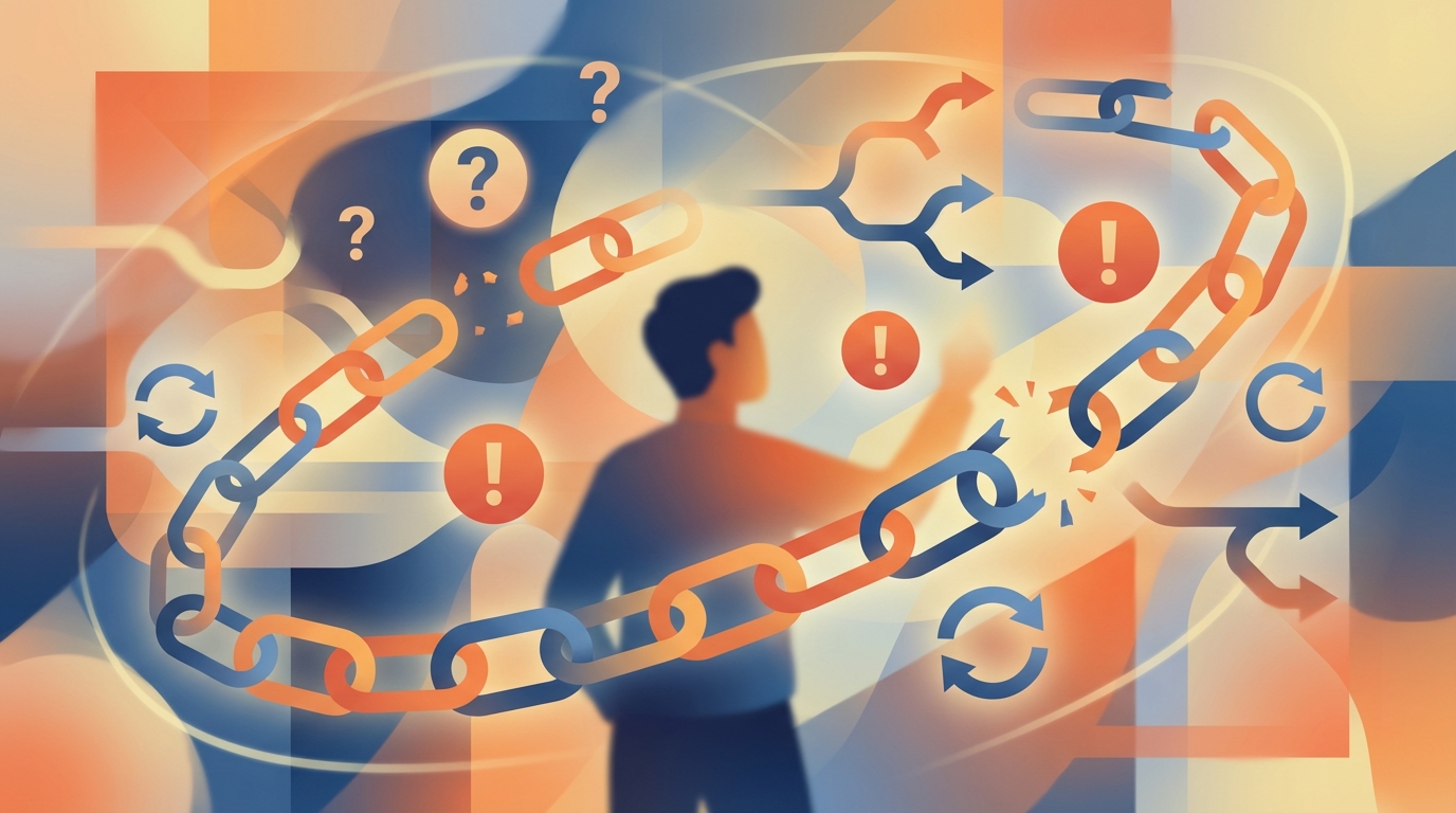 Person surrounded by floating error alerts, broken chain links, conditional branches, and retry symbols representing automation maintenance burden