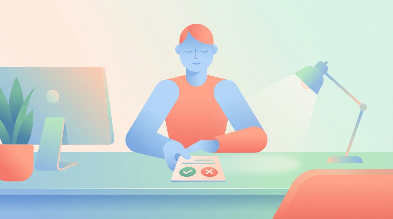 Founder calmly reviewing a single draft card with approve and decline options, representing control and simplicity in email decisions