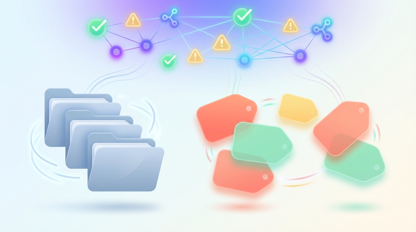 Split-scene illustration showing folders, labels, and a decision logic layer above them