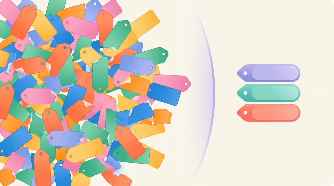 Visualization showing chaotic label explosion versus a minimal signal set