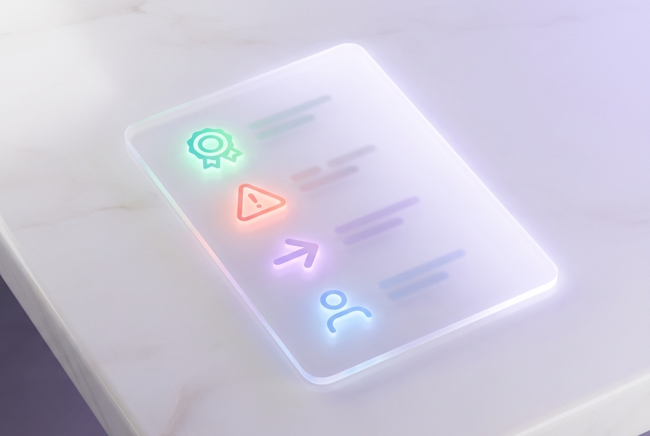 Decision-ready card template showing status, risk, next step, and owner indicators