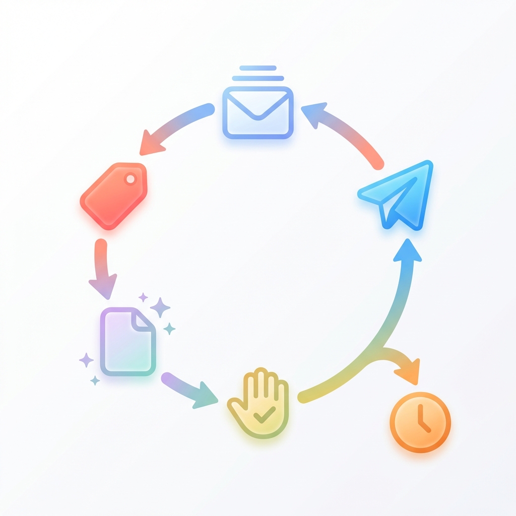 Circular workflow showing thread, label signal, draft tray, human approval, and send/follow-up