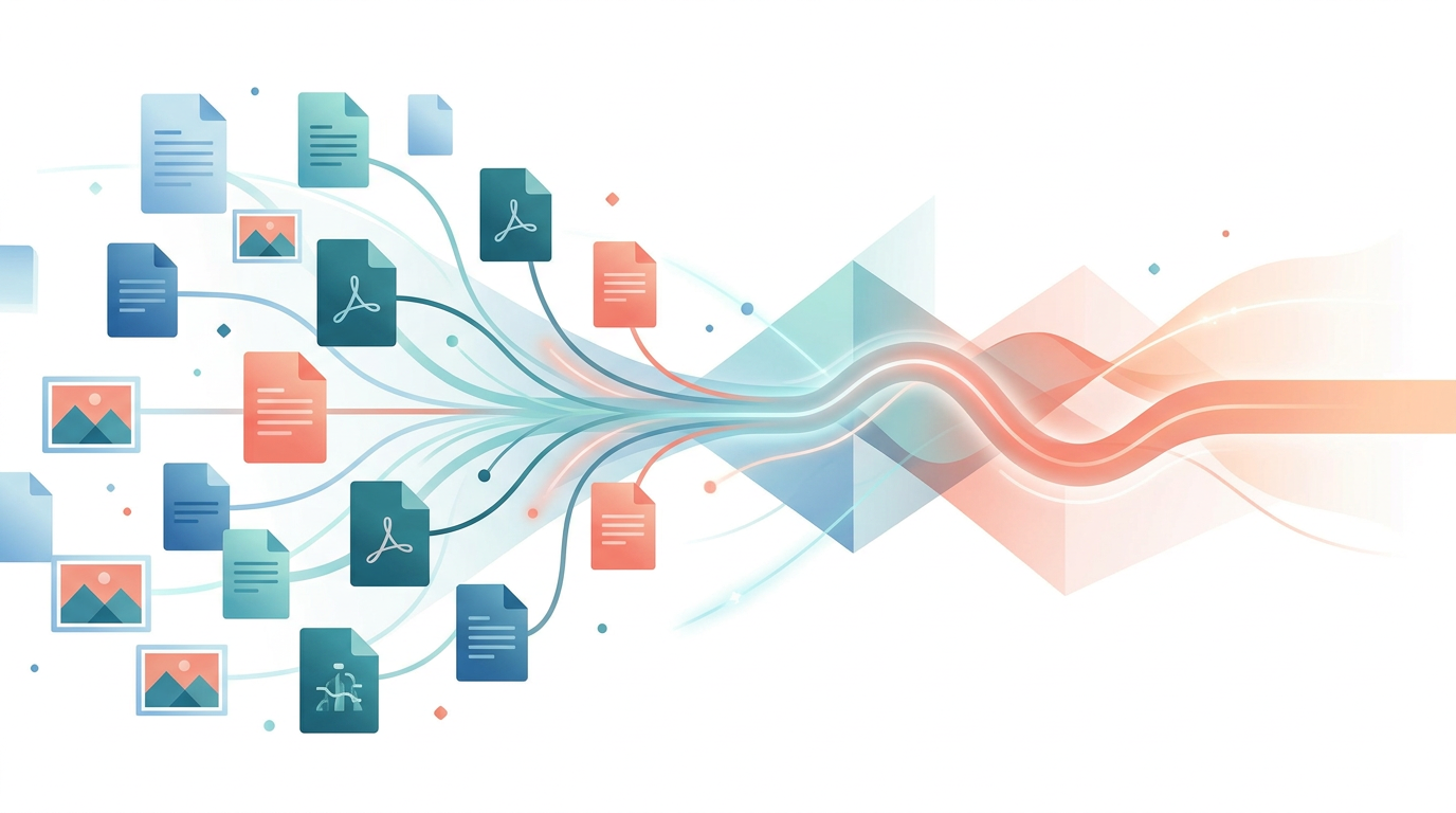 Abstract illustration of documents and images flowing into a unified stream