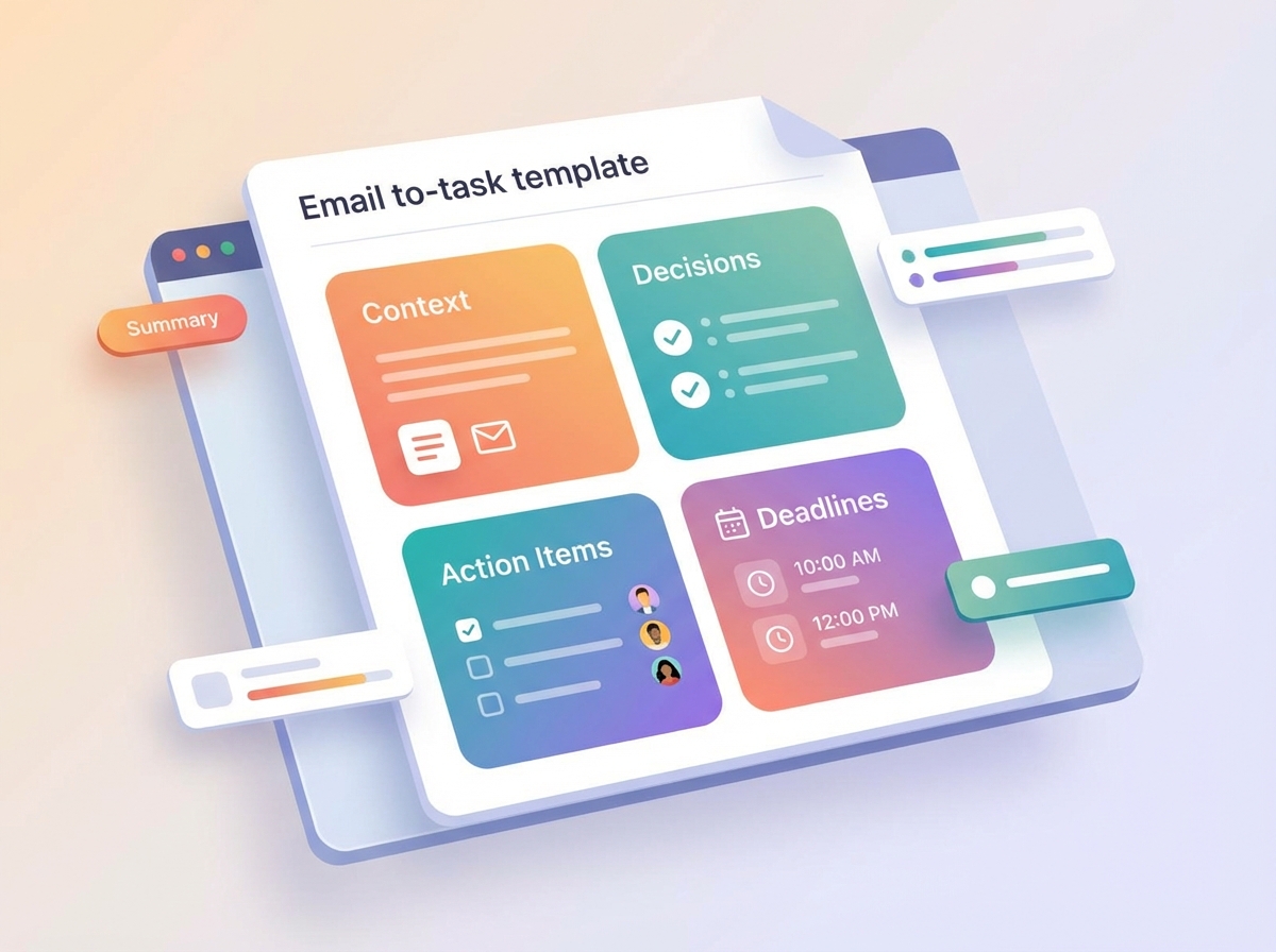 Template document showing organized sections for Context, Decisions, Action Items and Deadlines with modern gradient colors