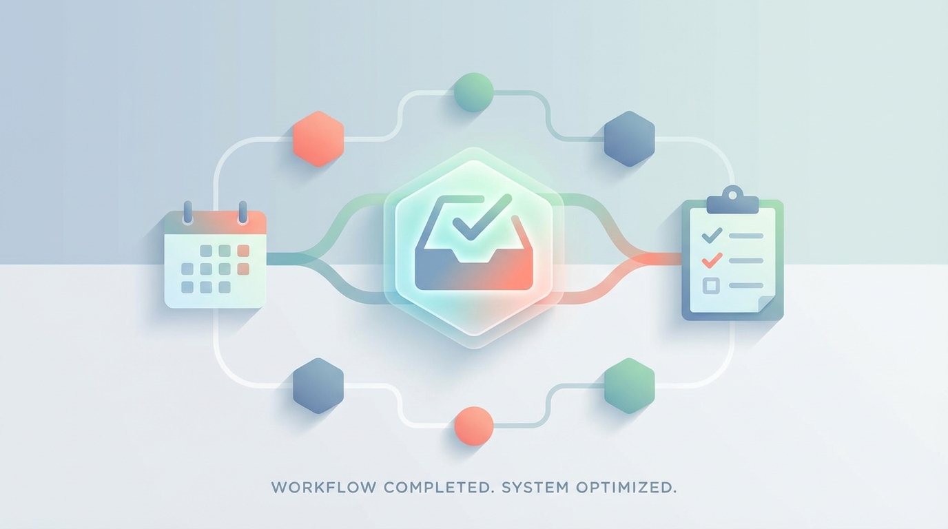 Workflow illustration showing inbox connected to calendar and organized task system through flowing pathways with gradient colors