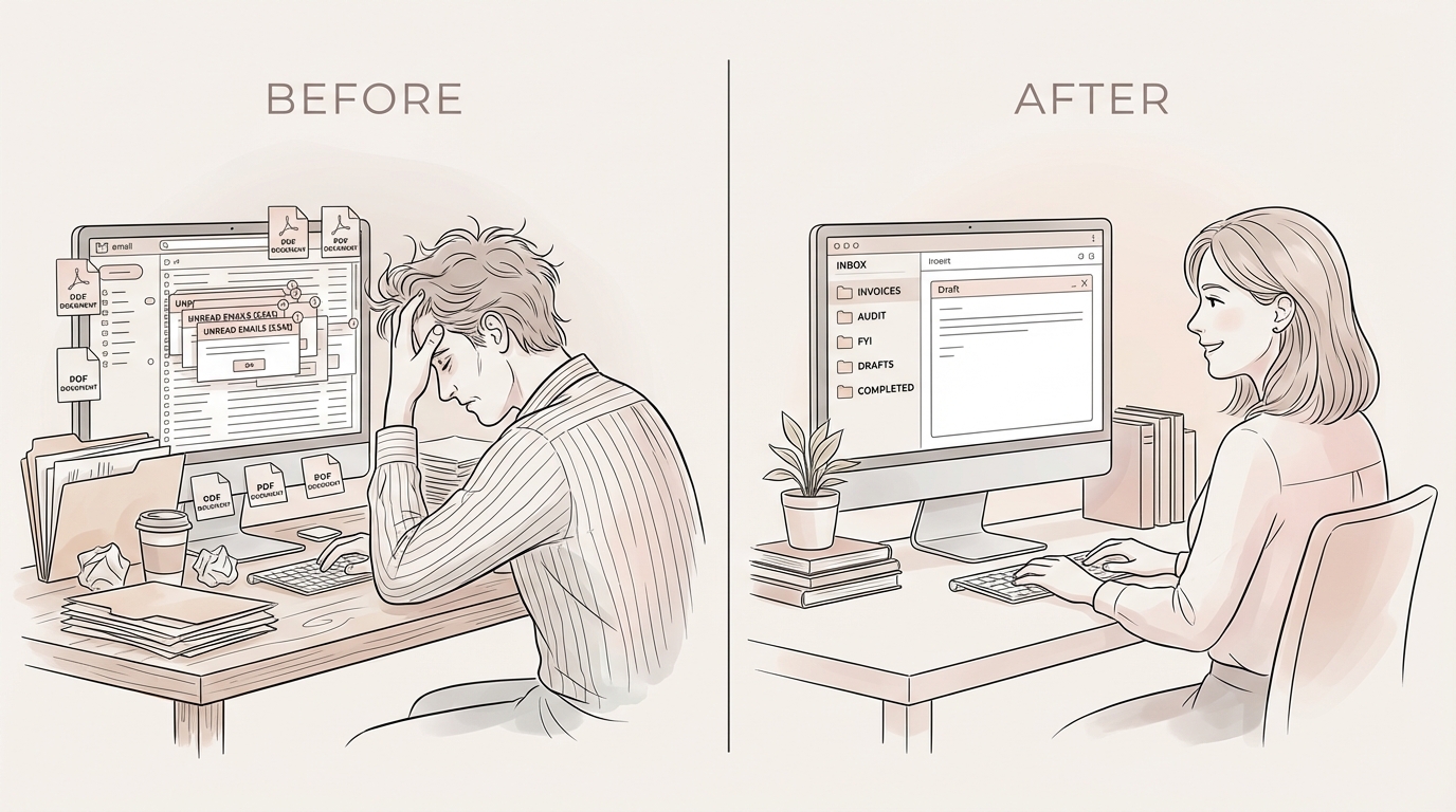Before and after: stressed vs organized accountant