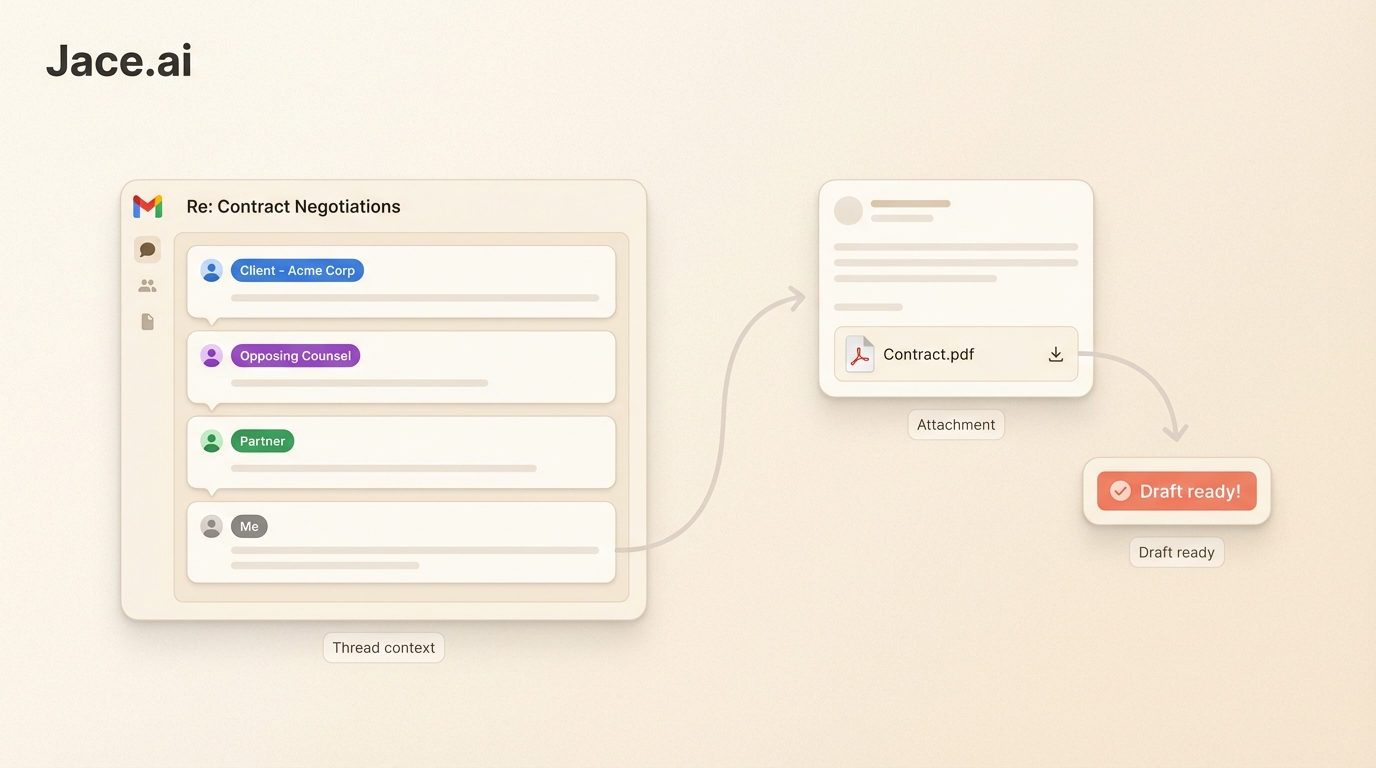 How Jace analyzes the full email thread and attachments to prepare a draft