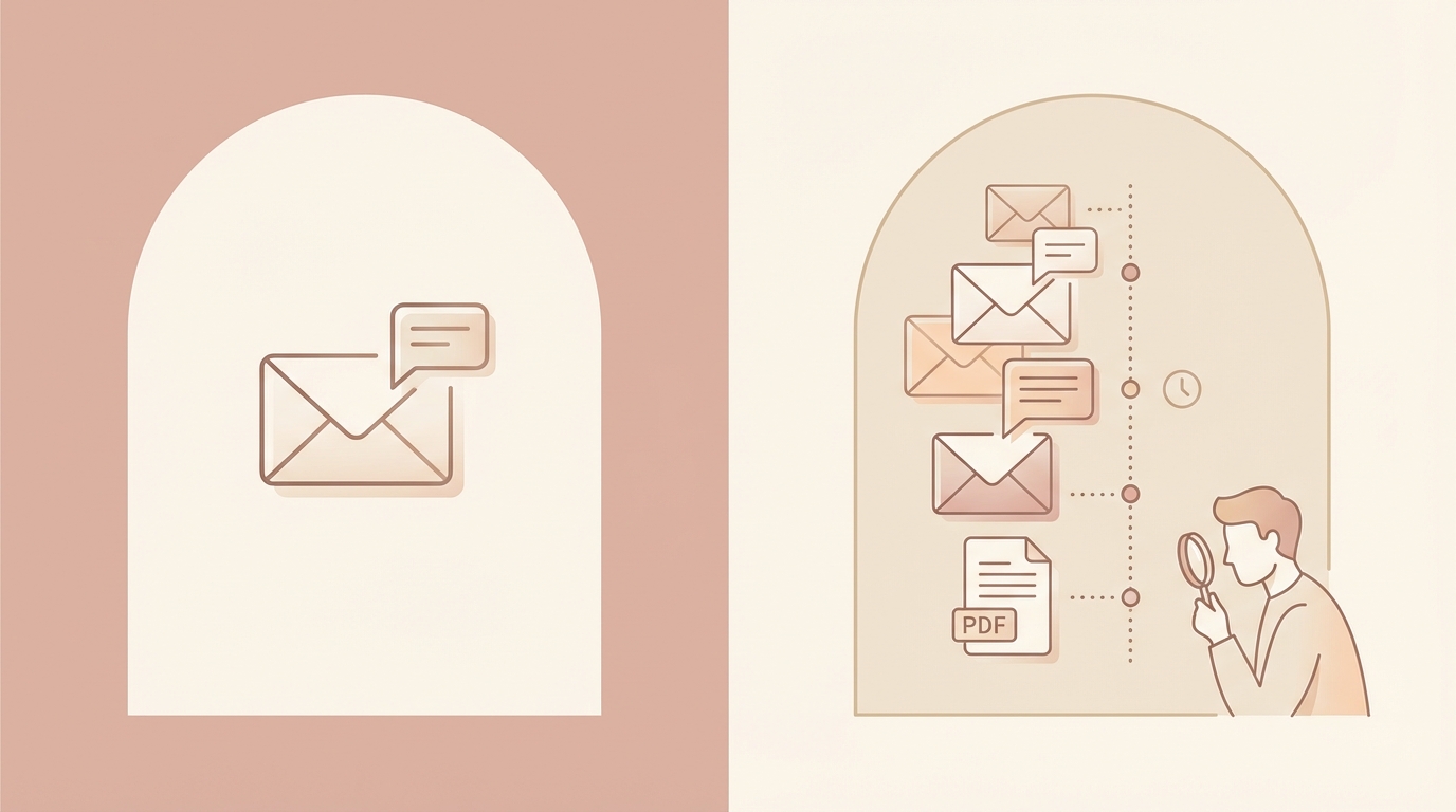 Context comparison: Gmail AI sees only the latest message while Jace processes the full thread history, attached documents, and conversation timeline