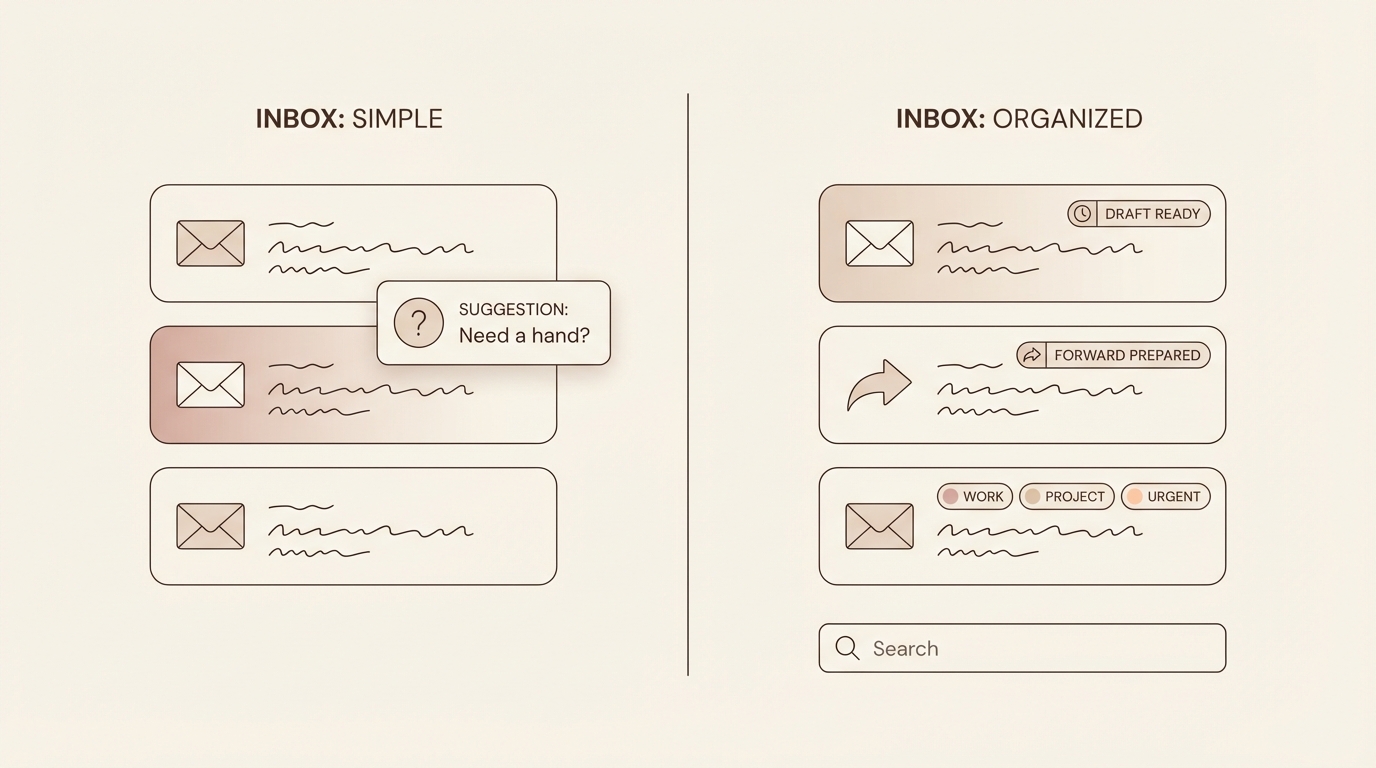 Inbox mockup comparison: Gmail AI shows generic suggestion popup while Jace displays Draft ready indicator, Forward prepared action, and organized label system