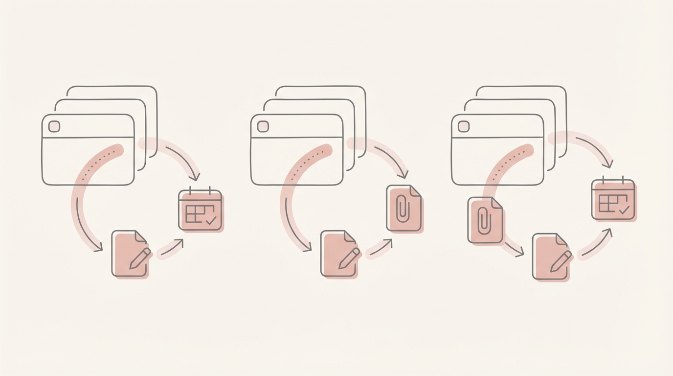 Overview illustration of three founder workflows: sales thread, support escalation, vendor PDF + scheduling.