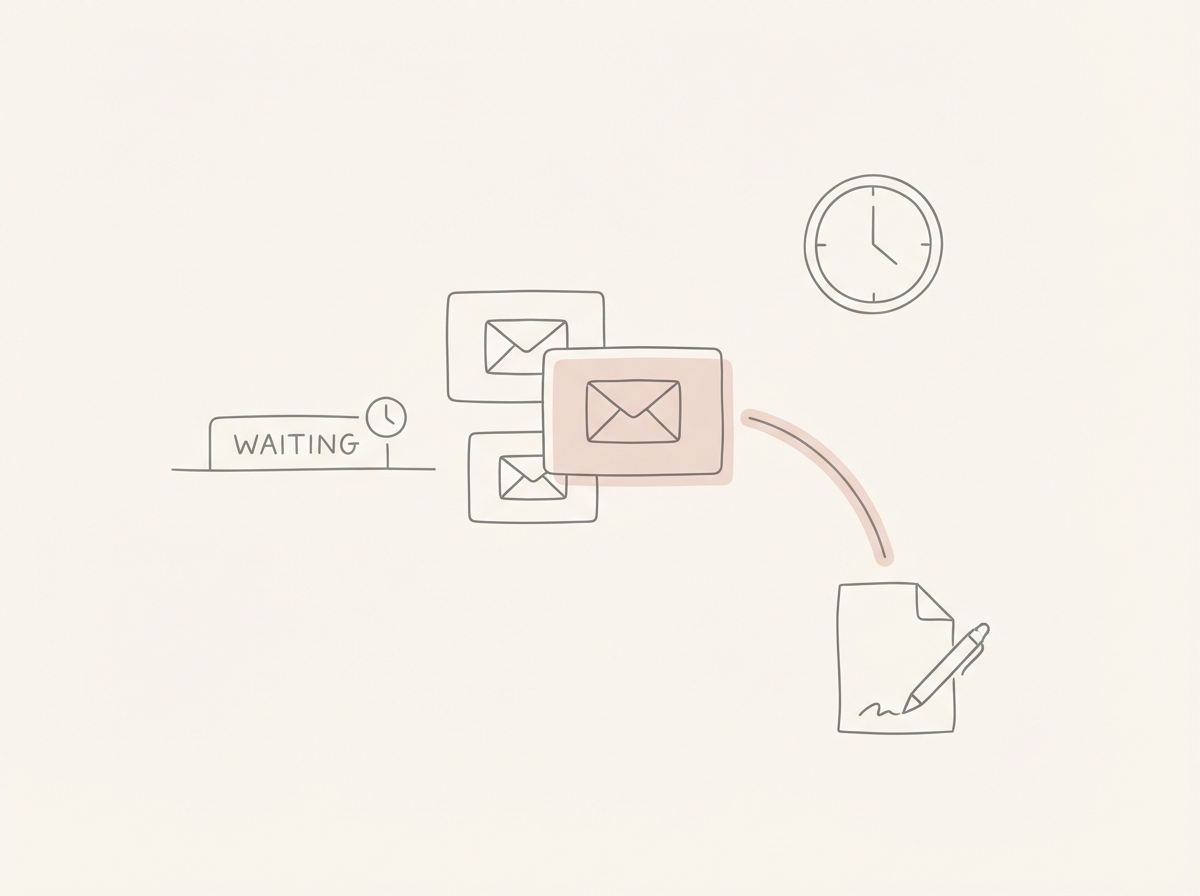 Minimalist illustration of a high-stakes sales thread with a follow-up draft and label cues.