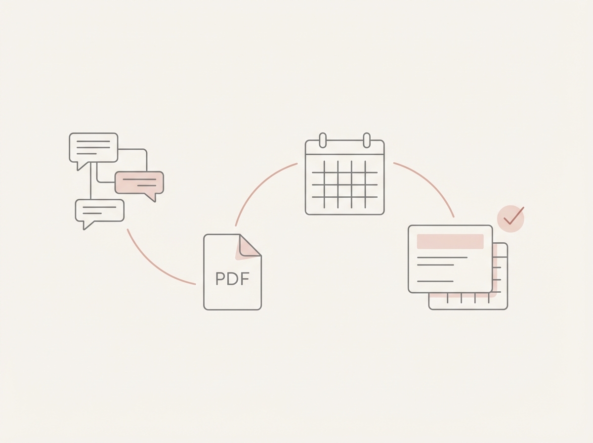 Minimal line-art scene: vendor thread with a PDF feeding into a calendar draft.
