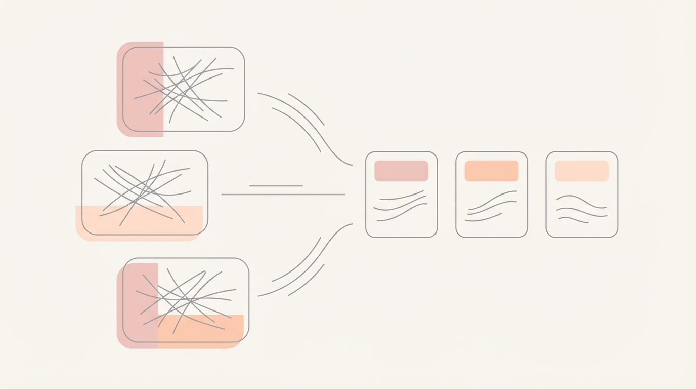 Three thread clusters feeding into concise summary cards